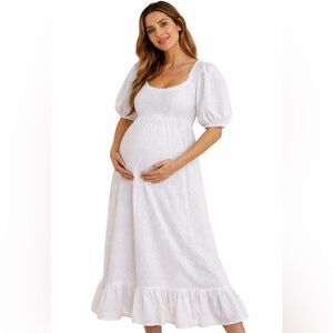 ASOS Design Maternity Eyelet MIDI Dress Puff Sleeve Ruffle Floral White